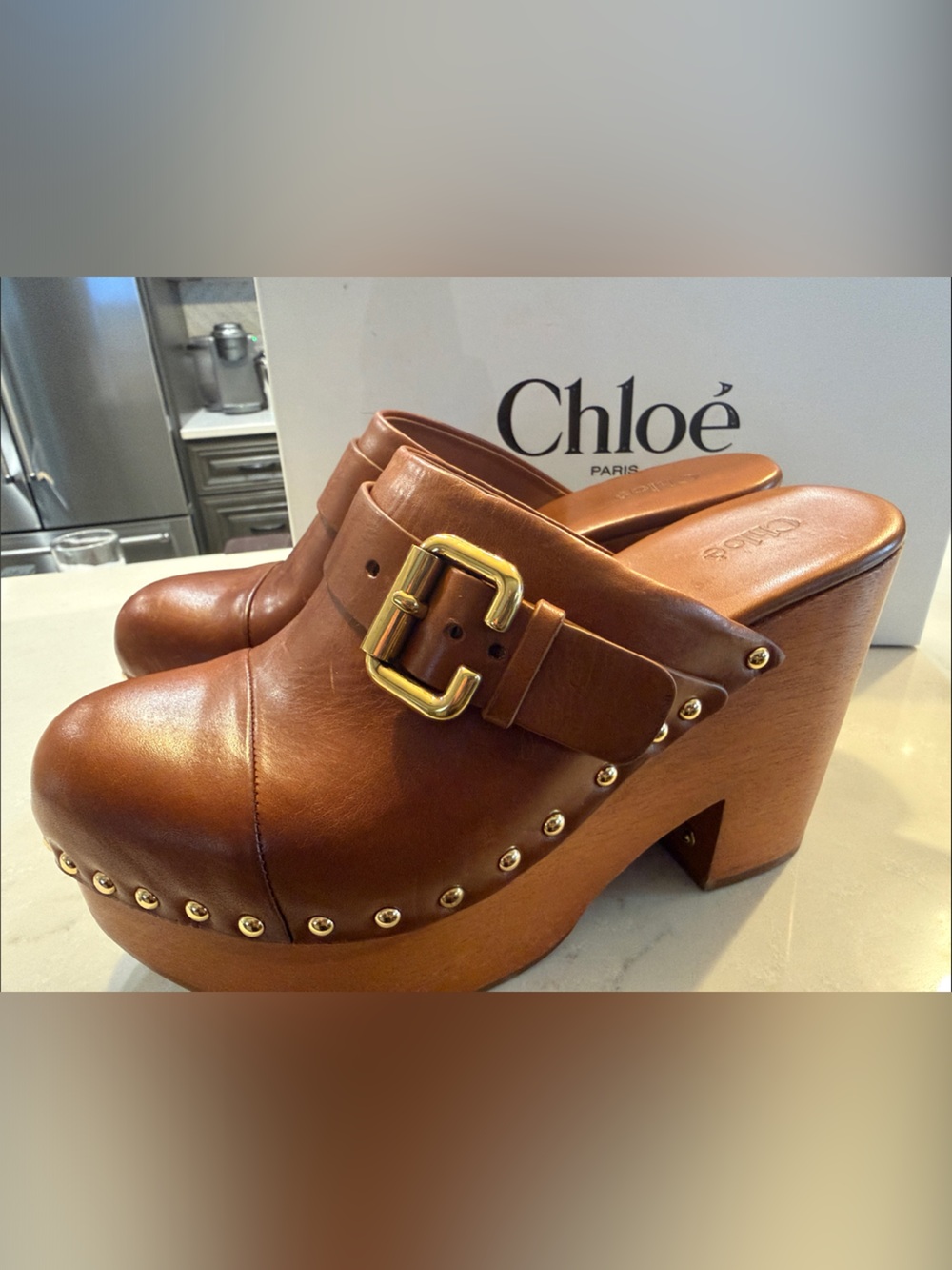 Chloé Jeanette Platform Clogs Gold Buckle Brown Leather Shoes - Picture 5 of 6